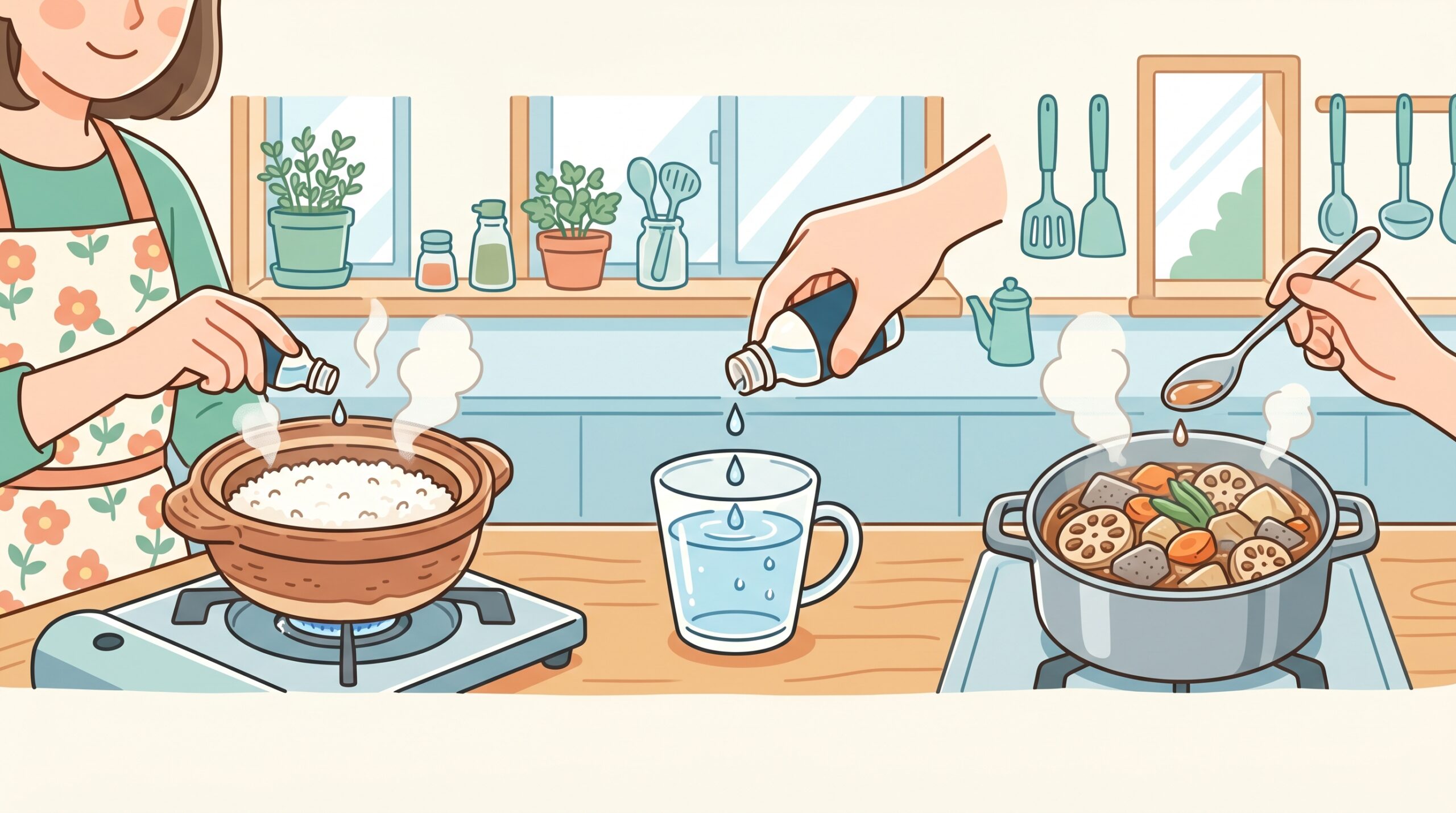 にがりを料理や飲み物に加えているキッチンシーンのイラスト