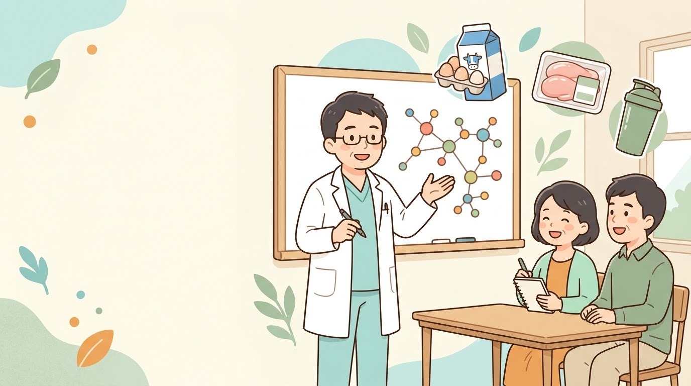 医師がホワイトボードでアミノ酸の分子構造を説明しているイラスト
