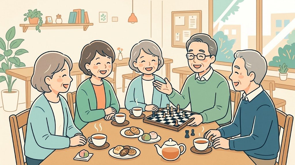 コミュニティカフェで交流する中高年グループのイラスト