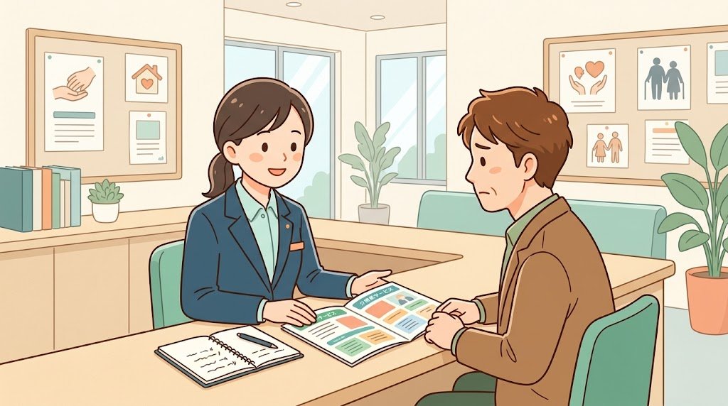 地域包括支援センターでの相談シーンのイラスト