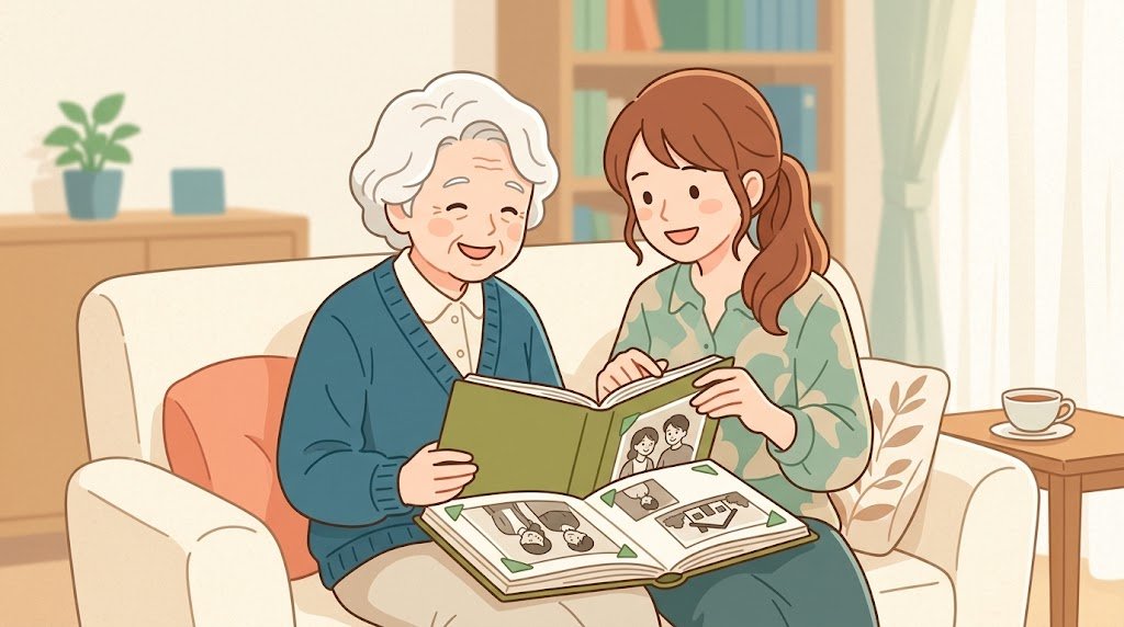 祖母と孫娘がアルバムを見ているイラスト