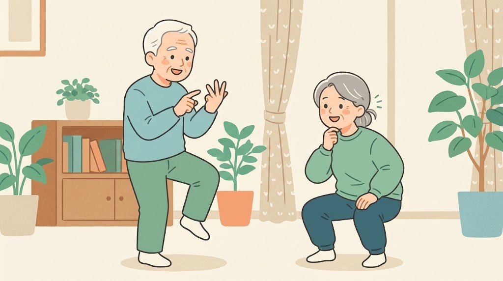デュアルタスクでステップ運動をする高齢者のイラスト