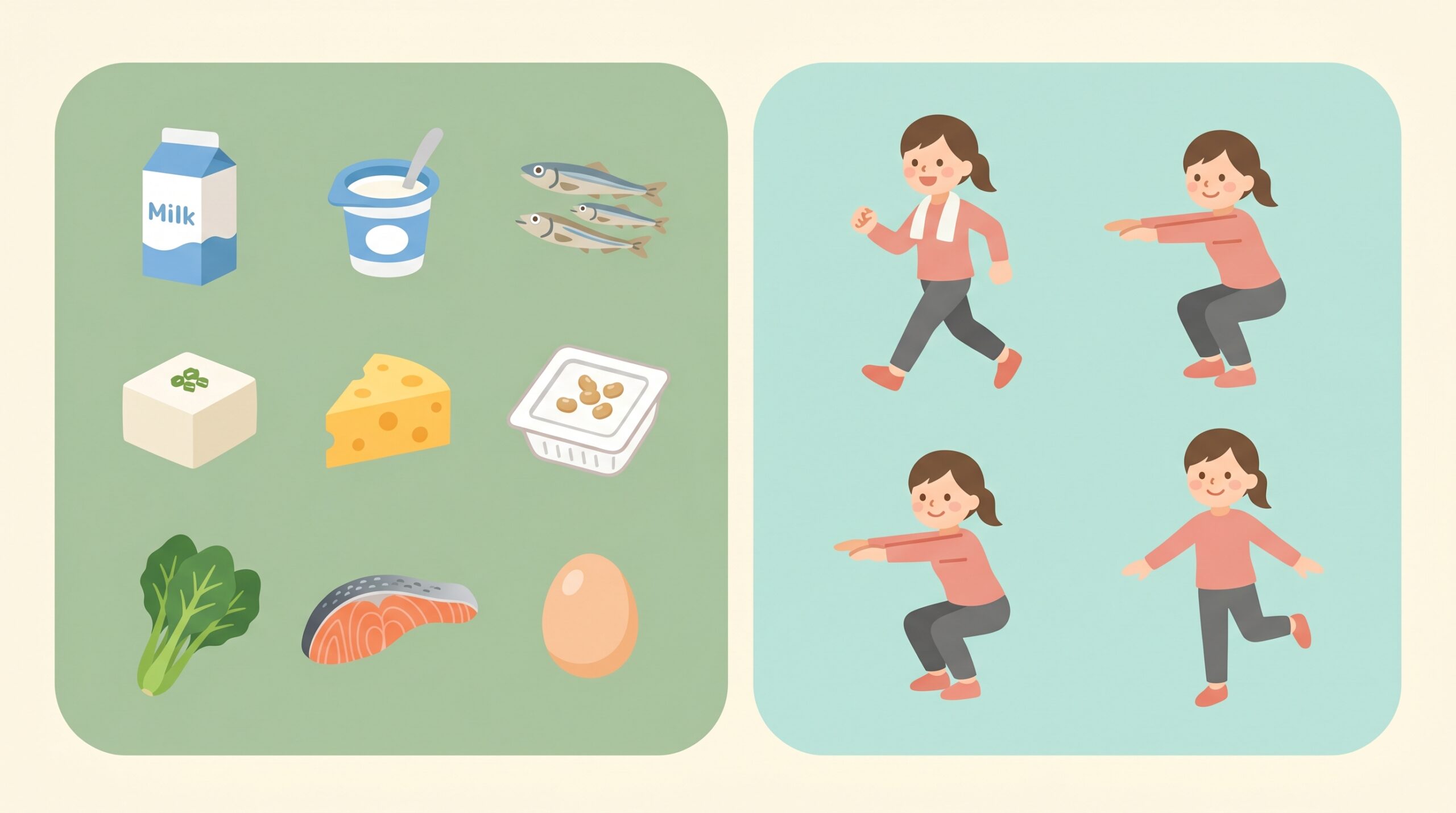 骨を強くするカルシウム食品と運動のイラスト