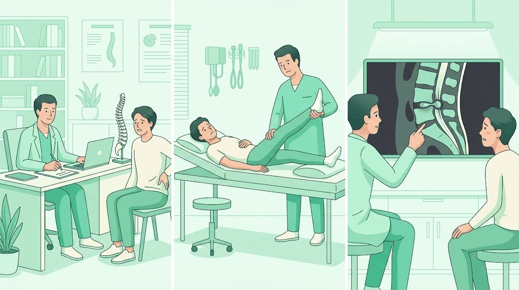 ヘルニアの診断フロー（問診・身体所見・MRI）を示すイラスト
