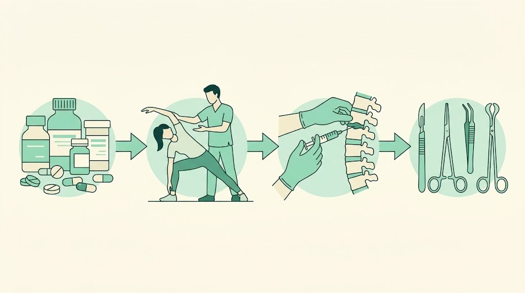 ヘルニアの治療段階（薬→リハビリ→注射→手術）を示すイラスト