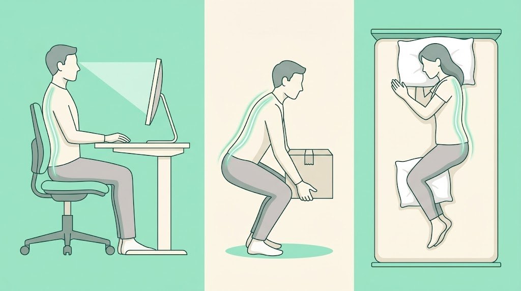 正しい日常動作（デスクワーク・荷物持ち上げ・寝姿勢）のイラスト