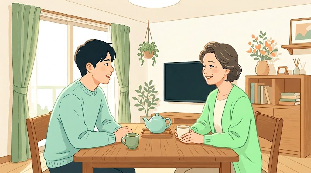 難聴のある家族とのコミュニケーションのコツ:正面から・ゆっくり・はっきり話すイラスト