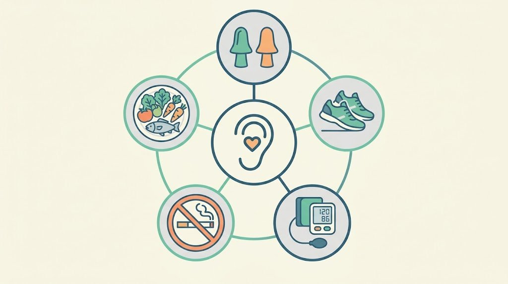 加齢性難聴を予防する5つの生活習慣(騒音対策・運動・生活習慣病管理・禁煙・食事)のインフォグラフィック