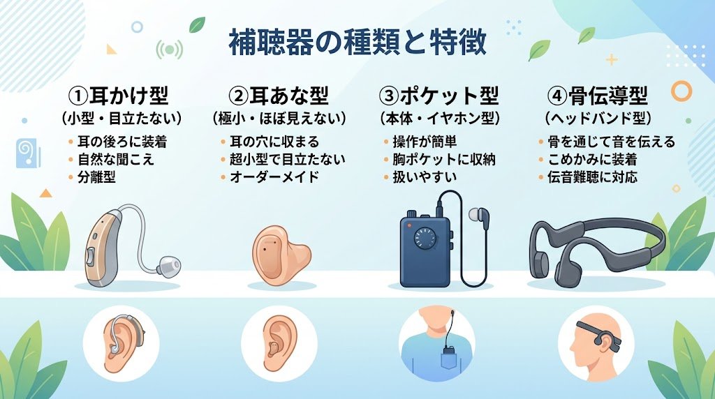 補聴器の4つの種類(耳かけ型・耳あな型・ポケット型・骨伝導型)の比較イラスト