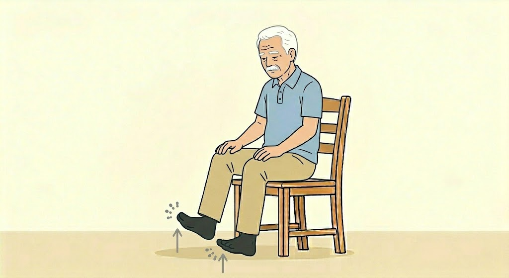 椅子に座ってつま先上げ運動をする高齢男性のイラスト