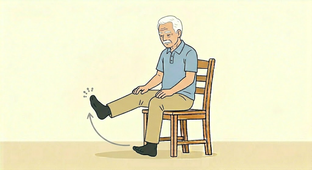 椅子に座って膝伸ばし運動をする高齢男性のイラスト