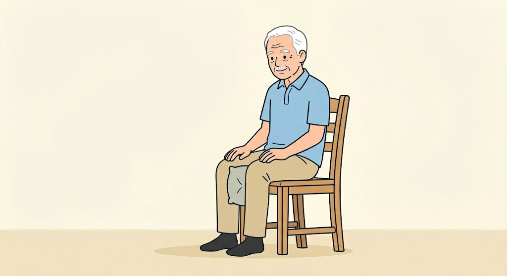 椅子に座って膝の間にクッションを挟む高齢男性のイラスト