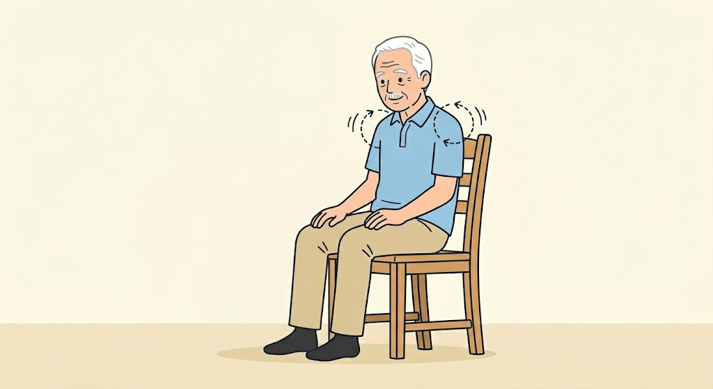 椅子に座って肩を回す高齢男性のイラスト