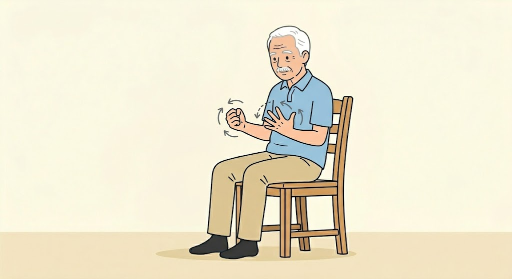 椅子に座って手をグーパーする高齢男性のイラスト