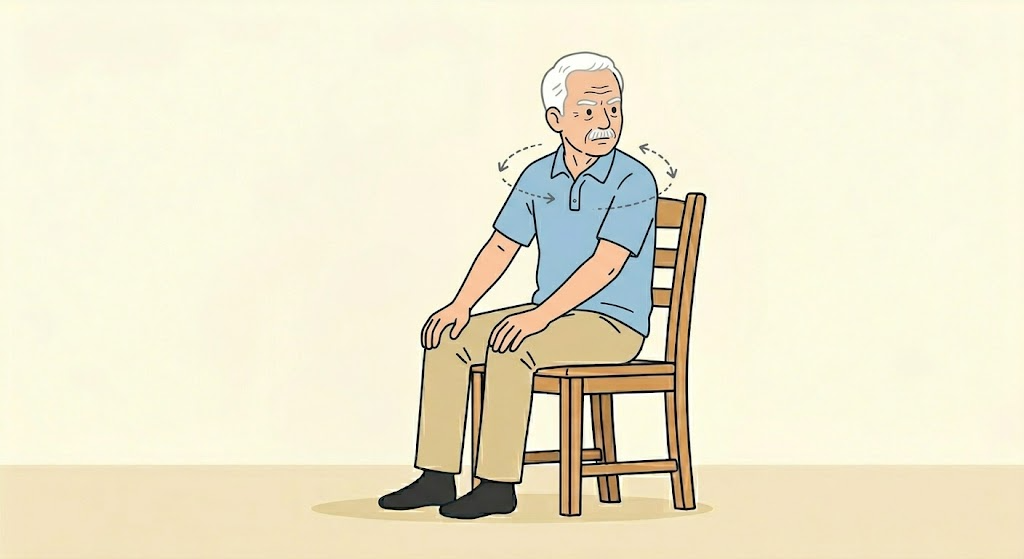 椅子に座って体幹をひねる高齢男性のイラスト