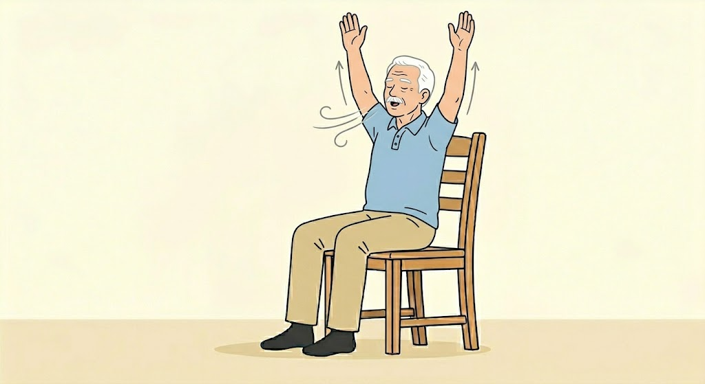 椅子に座って両腕を上げ深呼吸する高齢男性のイラスト