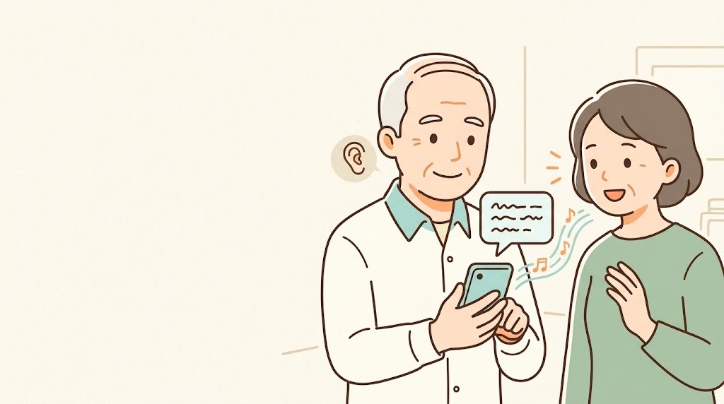 スマートフォンの音声認識アプリで会話を文字に変換して見る高齢男性と話しかける女性のイラスト